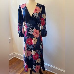 Eliza J Faux Wrap Midi Dress Blue Pink Floral 3/4 Sleeve Wedding Guest